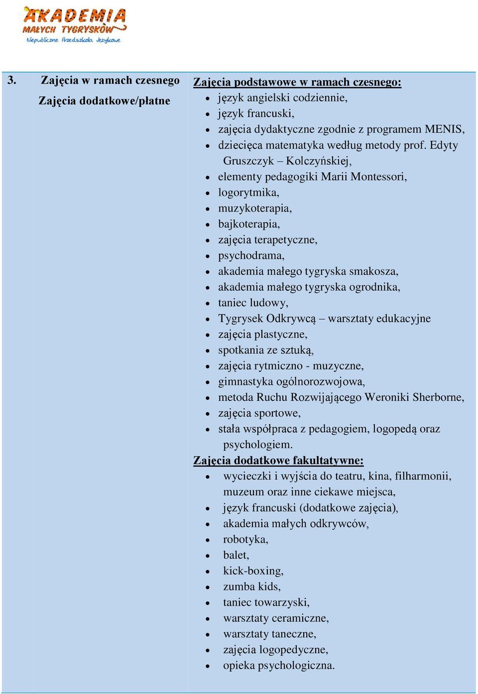 Edyty Gruszczyk Kolczyńskiej, elementy pedagogiki Marii Montessori, logorytmika, muzykoterapia, bajkoterapia, zajęcia terapetyczne, psychodrama, akademia małego tygryska smakosza, akademia małego