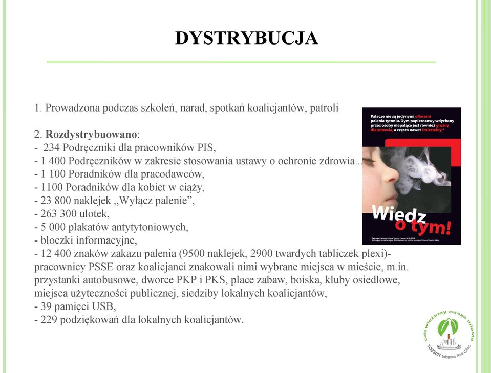 .., - 1 100 Poradników dla pracodawców, - 1100 Poradników dla kobiet w ciąży, - 23 800 naklejek Wyłącz palenie, - 263 300 ulotek, - 5 000 plakatów antytytoniowych, - bloczki informacyjne, -