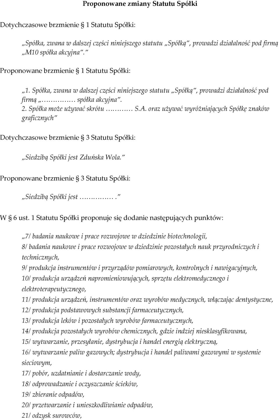 oraz używać wyróżniających Spółkę znaków graficznych Dotychczasowe brzmienie 3 Statutu Spółki: Siedzibą Spółki jest Zduńska Wola. Proponowane brzmienie 3 Statutu Spółki: Siedzibą Spółki jest. W 6 ust.