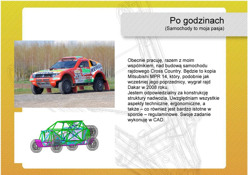 Będzie to kopia Mitsubishi MPR 14, który, podobnie jak wcześniej jego poprzednicy, wygrał rajd Dakar w 2008