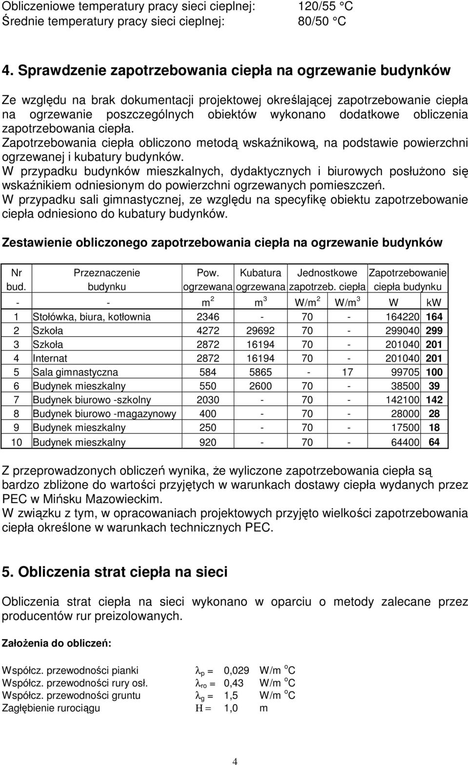 obliczenia zapotrzebowania ciepła. Zapotrzebowania ciepła obliczono metodą wskaźnikową, na podstawie powierzchni ogrzewanej i kubatury budynków.