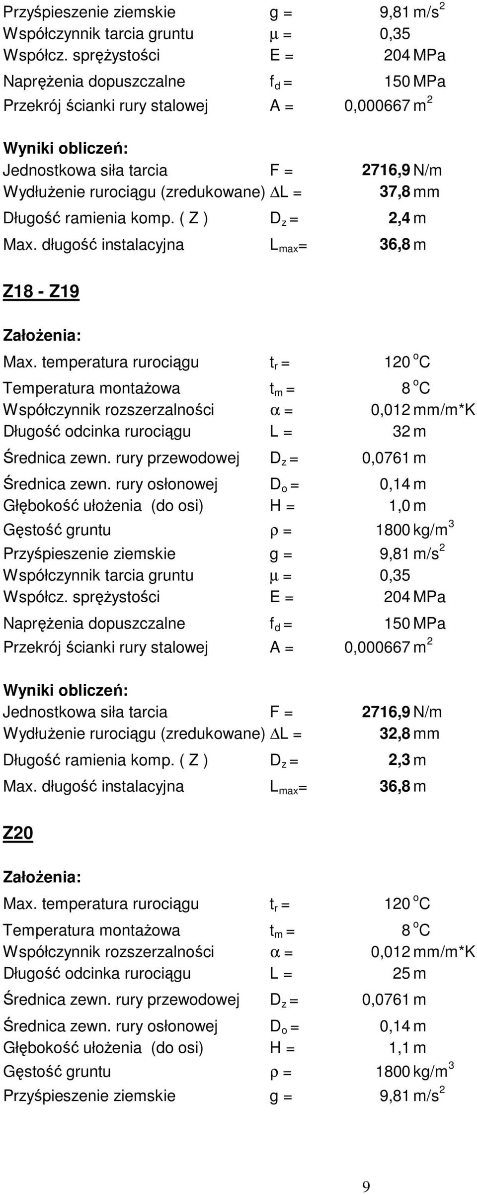 rury osłonowej D o = 0,14 m Głębokość ułożenia (do osi) H = 1,0 m Przekrój ścianki rury stalowej A = 0,000667 m 2 Jednostkowa siła tarcia F = 2716,9 N/m Wydłużenie rurociągu (zredukowane) L =