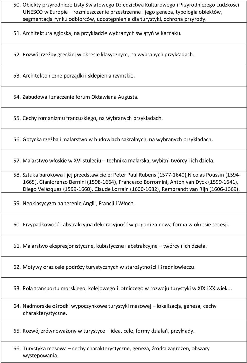 Rozwój rzeźby greckiej w okresie klasycznym, na wybranych przykładach. 53. Architektoniczne porządki i sklepienia rzymskie. 54. Zabudowa i znaczenie forum Oktawiana Augusta. 55.