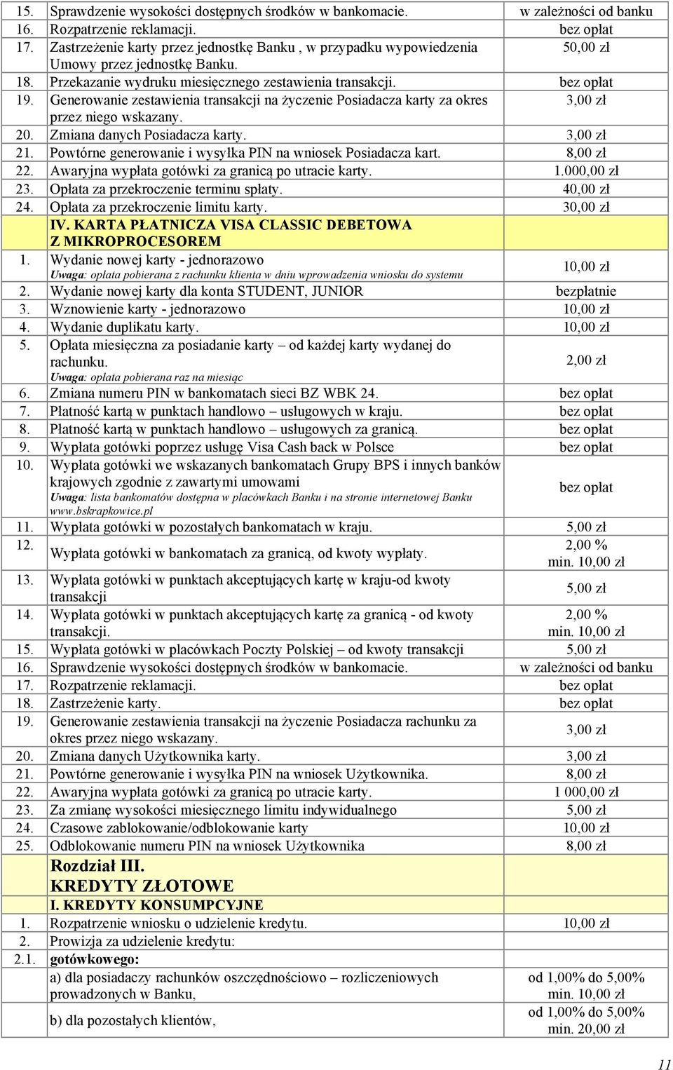 Generowanie zestawienia transakcji na życzenie Posiadacza karty za okres 3,00 zł przez niego wskazany. 20. Zmiana danych Posiadacza karty. 3,00 zł 21.