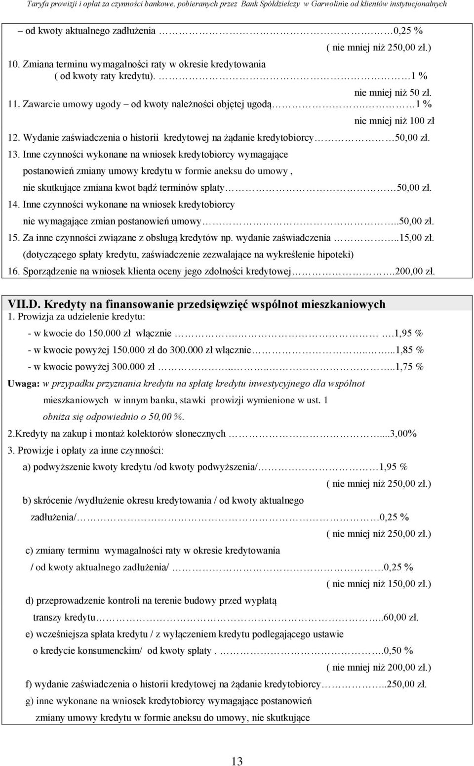 Inne czynności wykonane na wniosek kredytobiorcy wymagające postanowień zmiany umowy kredytu w formie aneksu do umowy, nie skutkujące zmiana kwot bądź terminów spłaty 50,00 zł. 14.