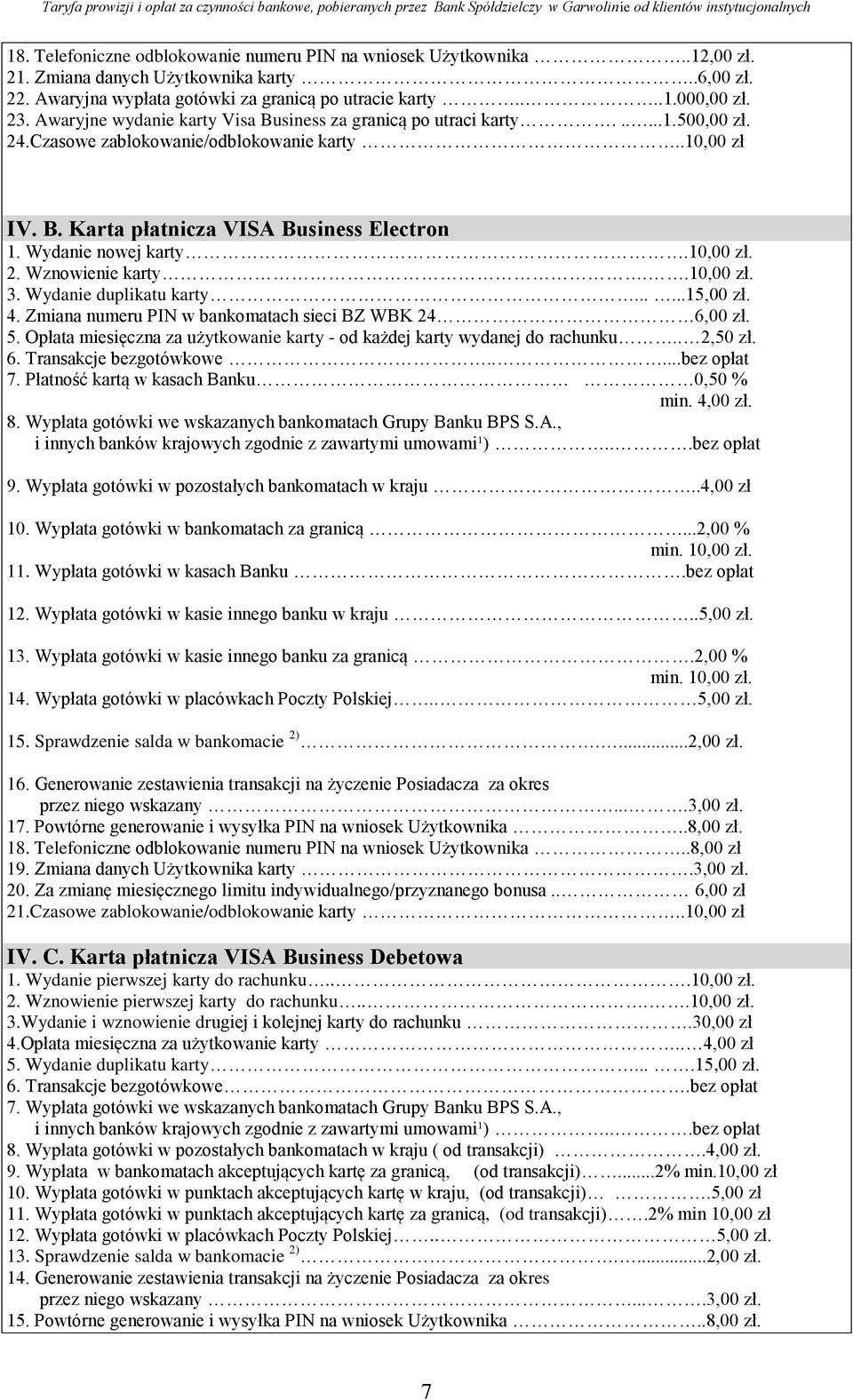 Wydanie nowej karty.10,00 zł. 2. Wznowienie karty..10,00 zł. 3. Wydanie duplikatu karty......15,00 zł. 4. Zmiana numeru PIN w bankomatach sieci BZ WBK 24 6,00 zł. 5.