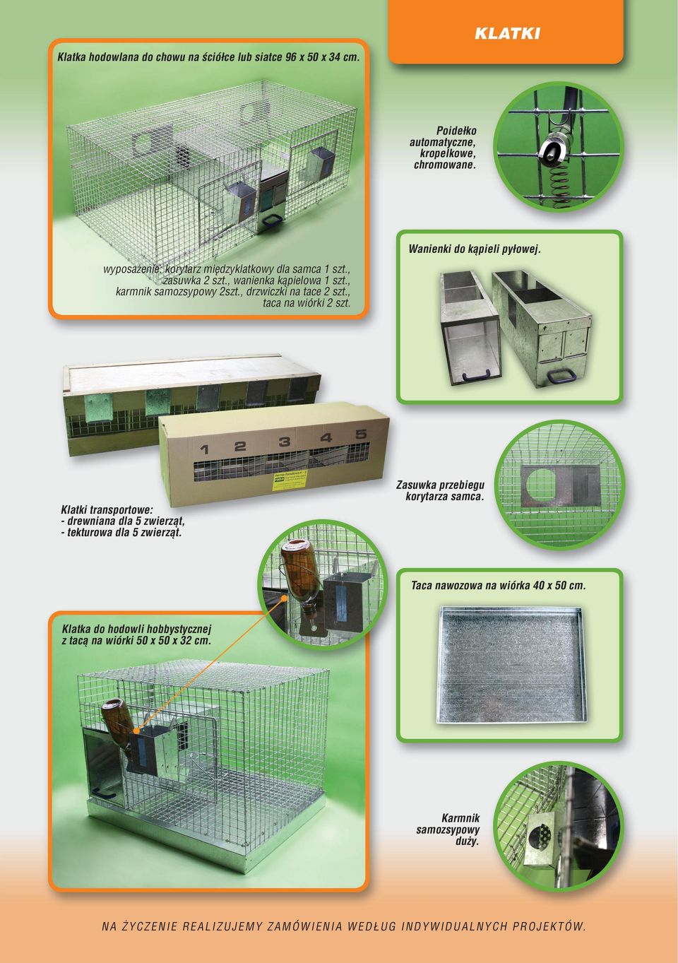 , taca na wiórki 2 szt. Klatki transportowe: - drewniana dla 5 zwierz¹t, - tekturowa dla 5 zwierz¹t. Zasuwka przebiegu korytarza samca.