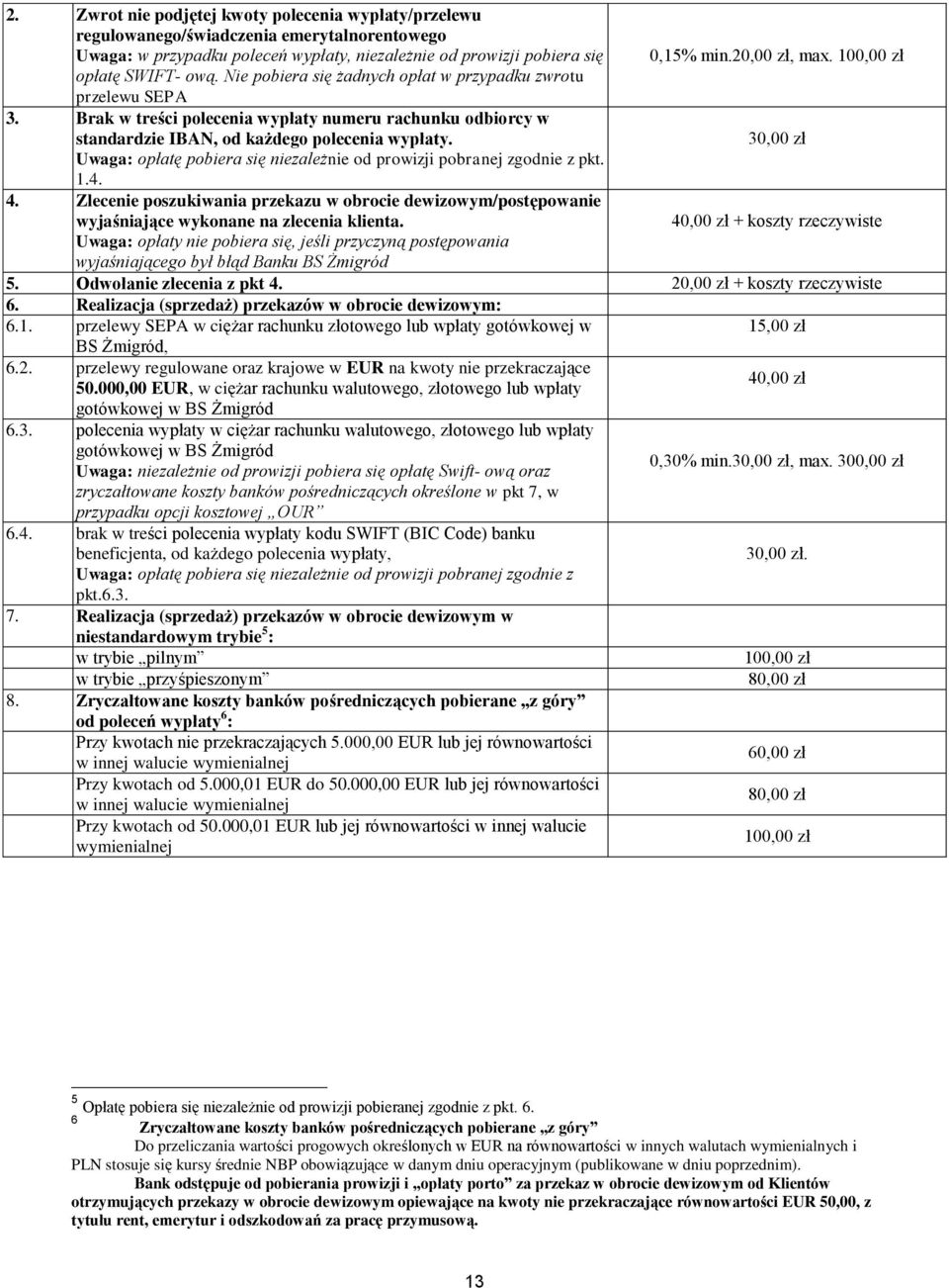 30,00 zł Uwaga: opłatę pobiera się niezależnie od prowizji pobranej zgodnie z pkt. 1.4. 4. Zlecenie poszukiwania przekazu w obrocie dewizowym/postępowanie wyjaśniające wykonane na zlecenia klienta.