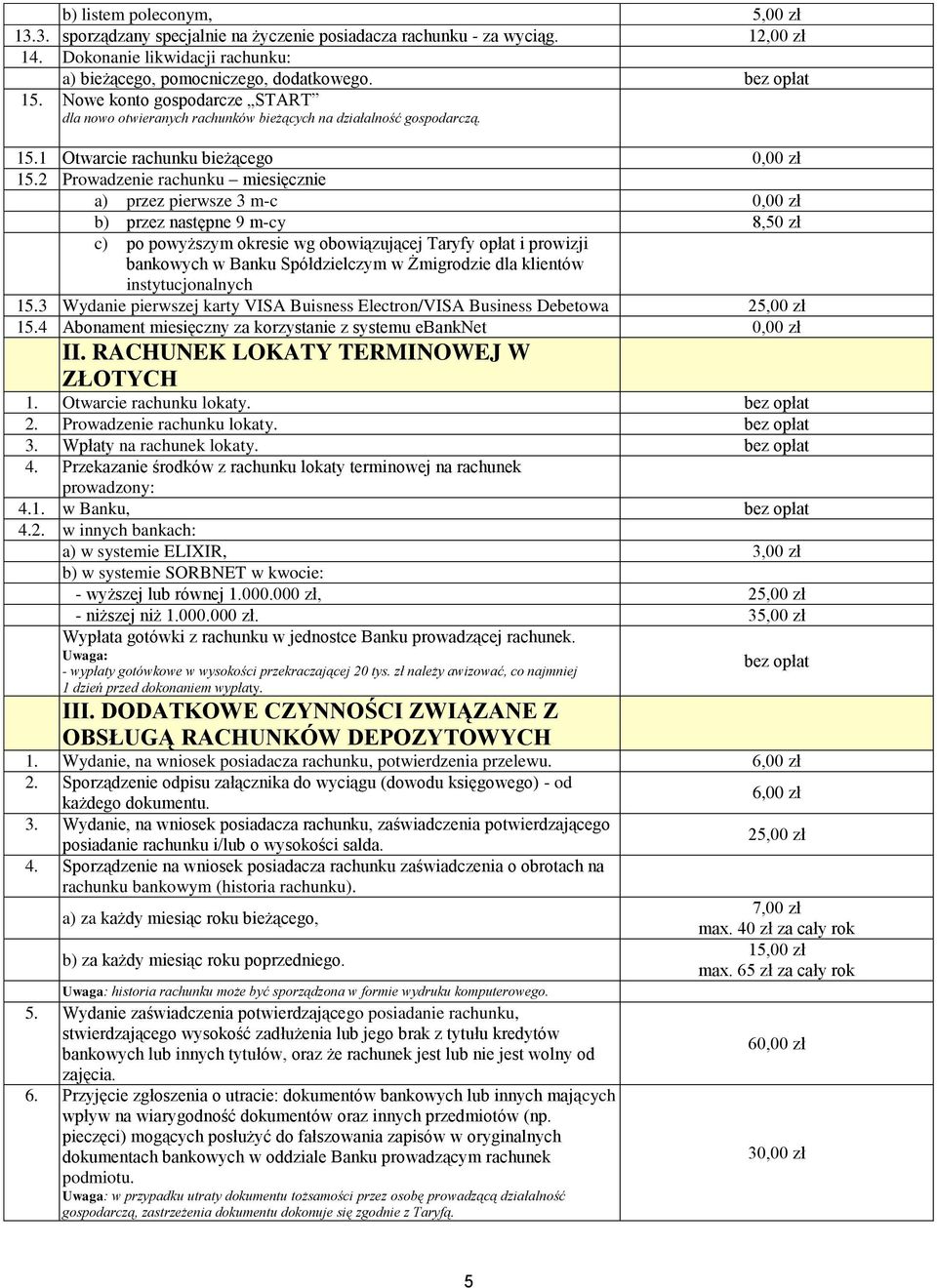 2 Prowadzenie rachunku miesięcznie a) przez pierwsze 3 m-c 0,00 zł b) przez następne 9 m-cy 8,50 zł c) po powyższym okresie wg obowiązującej Taryfy opłat i prowizji bankowych w Banku Spółdzielczym w