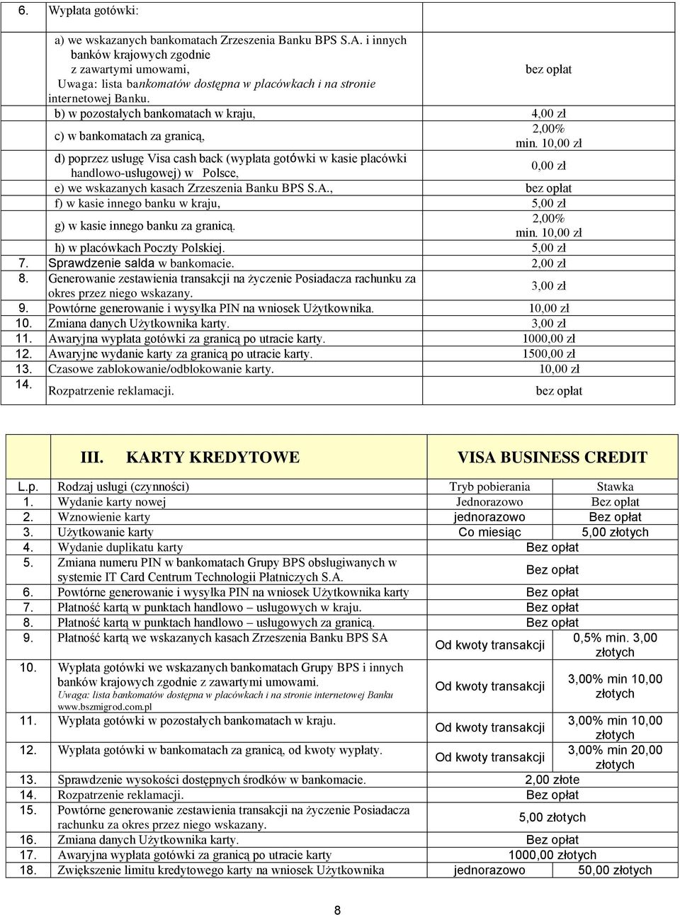 b) w pozostałych bankomatach w kraju, 4,00 zł c) w bankomatach za granicą, min.