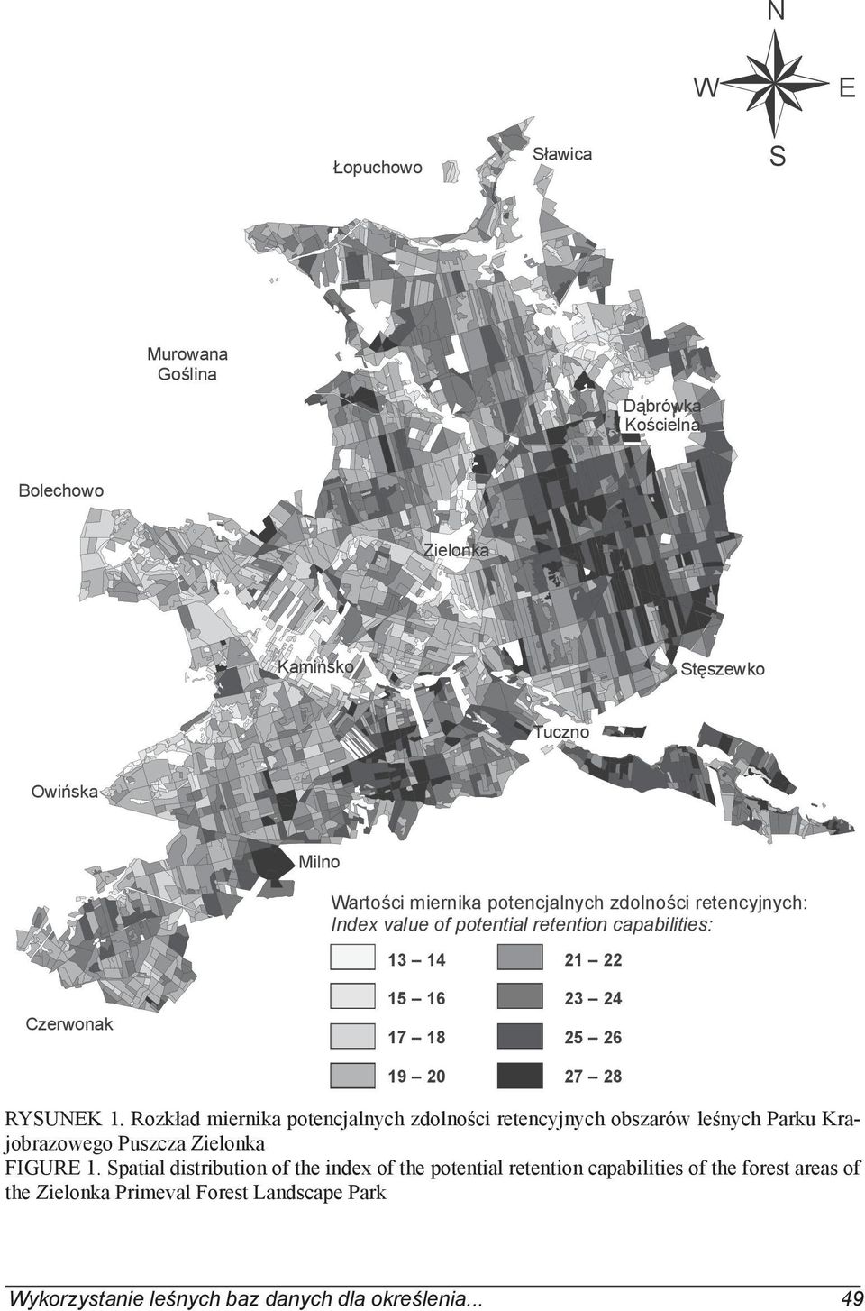 Rozkład miernika potencjalnych zdolności retencyjnych obszarów leśnych Parku Krajobrazowego Puszcza Zielonka FIGURE 1.