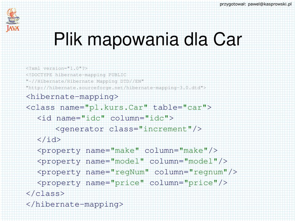 net/hibernate-mapping-3.0.dtd"> <hibernate-mapping> <class name="pl.kurs.