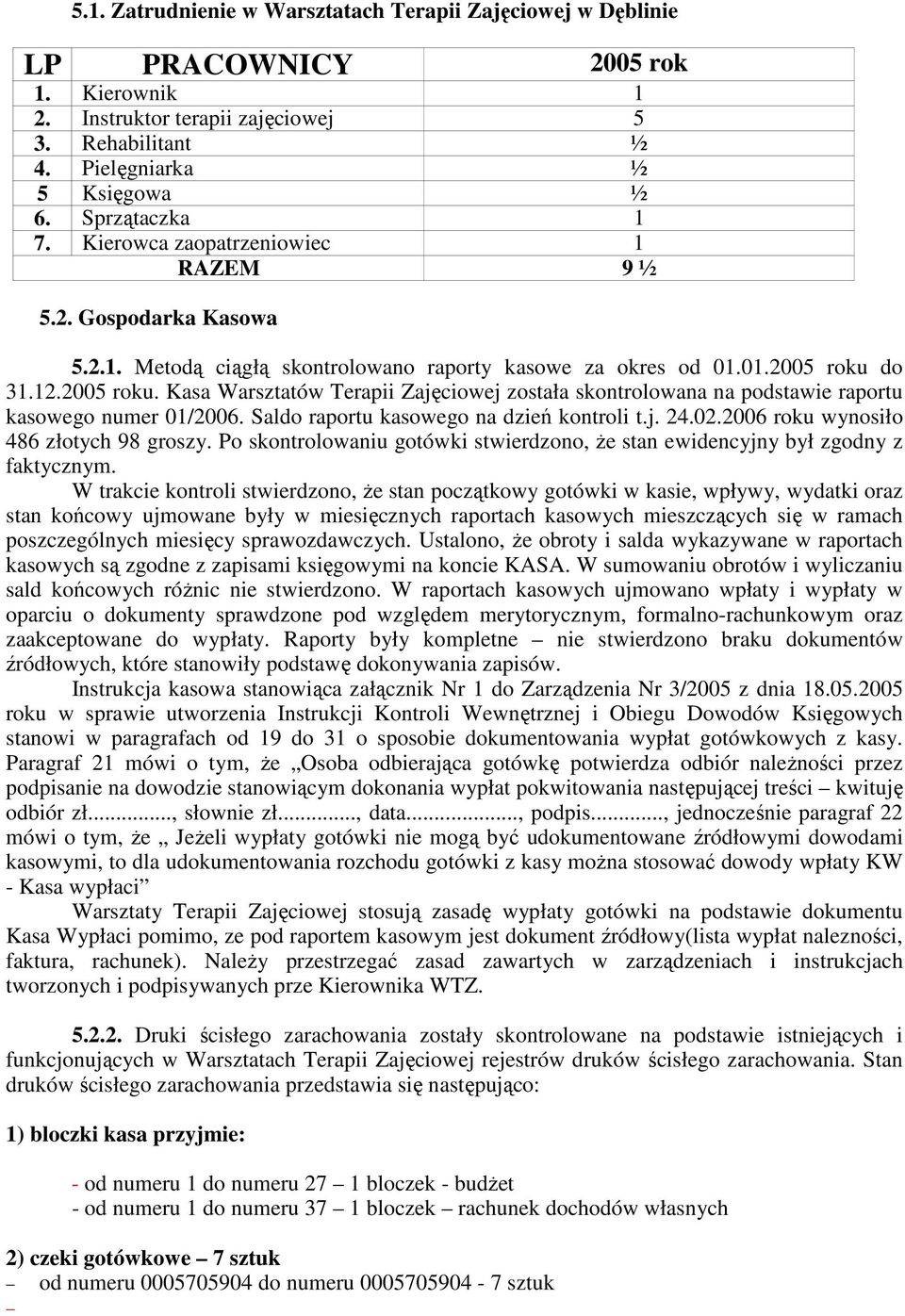 do 31.12.2005 roku. Kasa Warsztatów Terapii Zajęciowej została skontrolowana na podstawie raportu kasowego numer 01/2006. Saldo raportu kasowego na dzień kontroli t.j. 24.02.