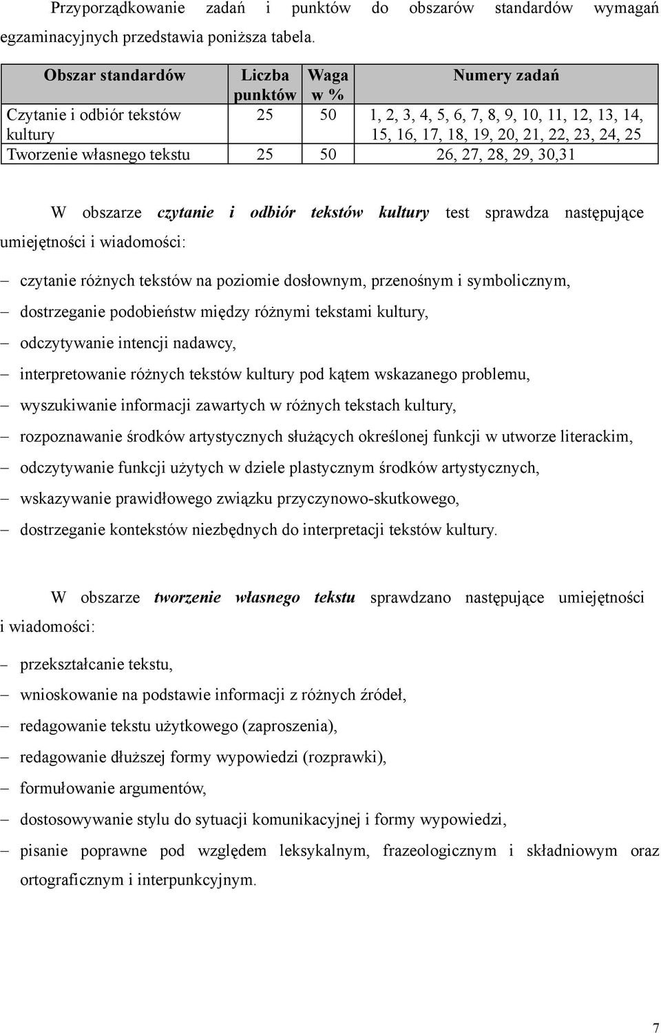 50 26, 27, 28, 29, 30,3 W obszarze czytanie i odbiór tekstów kultury test sprawdza następujące umiejętności i wiadomości: czytanie różnych tekstów na poziomie dosłownym, przenośnym i symbolicznym,