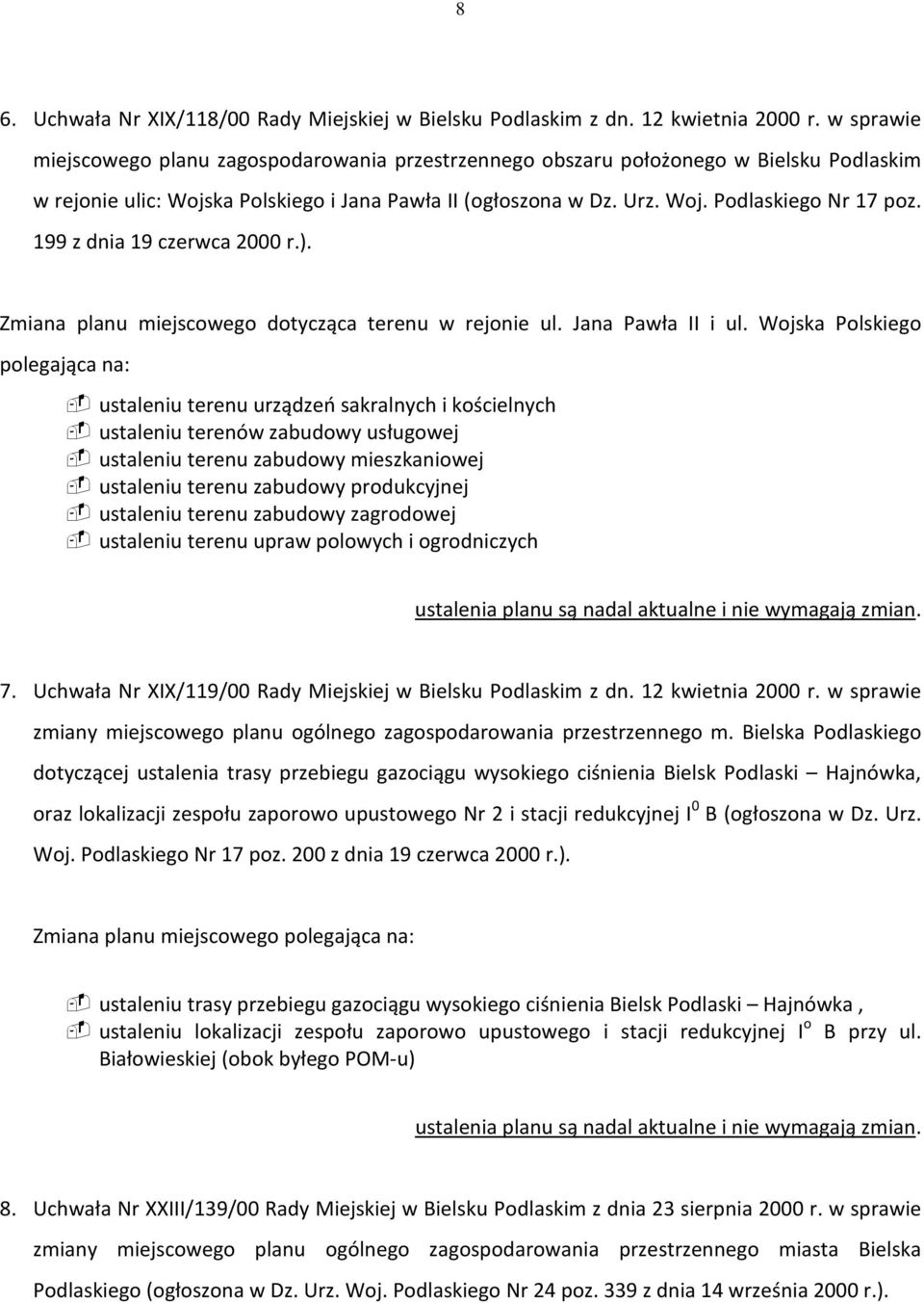 199 z dnia 19 czerwca 2000 r.). Zmiana planu miejscowego dotycząca terenu w rejonie ul. Jana Pawła II i ul.