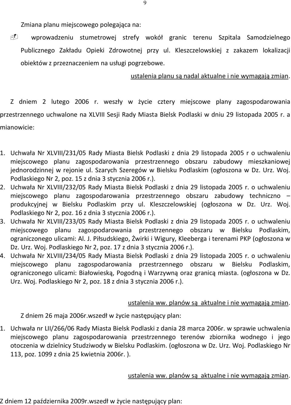 weszły w życie cztery miejscowe plany zagospodarowania przestrzennego uchwalone na XLVIII Sesji Rady Miasta Bielsk Podlaski w dniu 29 listopada 2005 r. a mianowicie: 1.