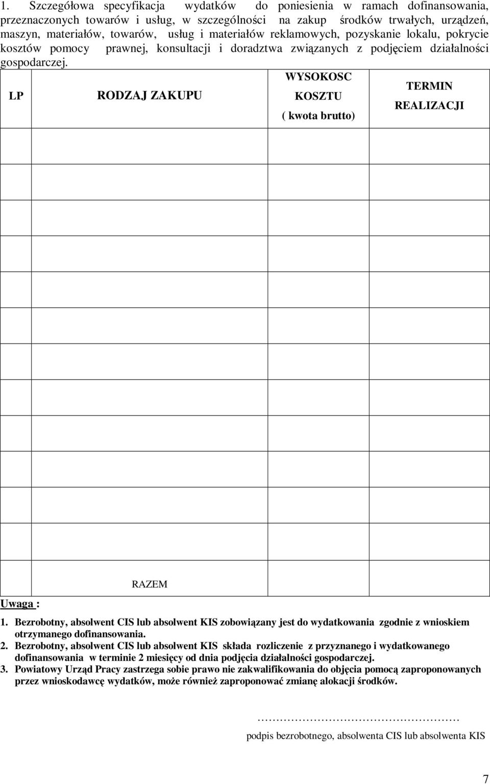 LP RODZAJ ZAKUPU WYSOKOSC TERMIN KOSZTU REALIZACJI ( kwota brutto) Uwaga : RAZEM 1.