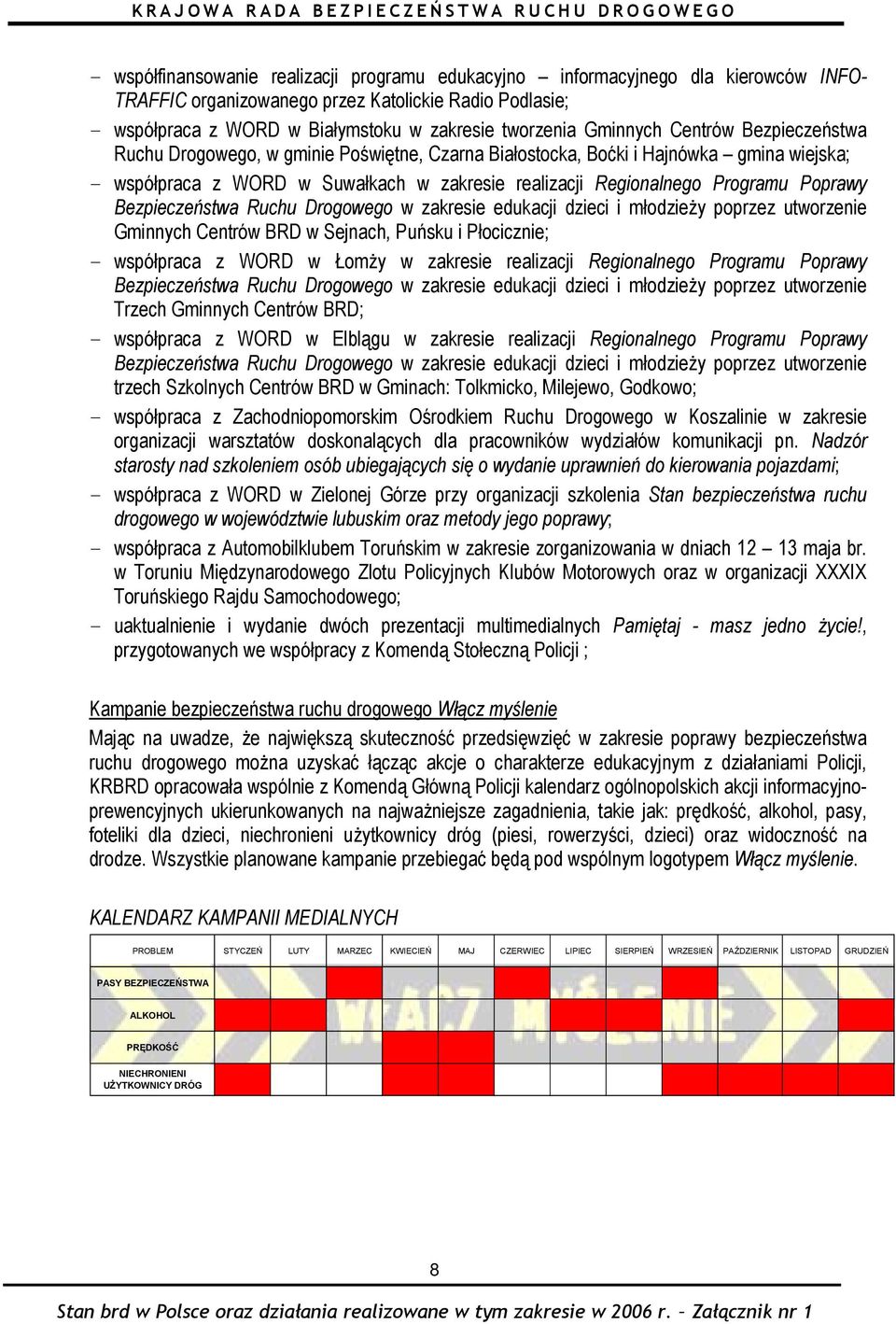 Poprawy Bezpieczeństwa Ruchu Drogowego w zakresie edukacji dzieci i młodzieży poprzez utworzenie Gminnych Centrów BRD w Sejnach, Puńsku i Płocicznie; - współpraca z WORD w Łomży w zakresie realizacji