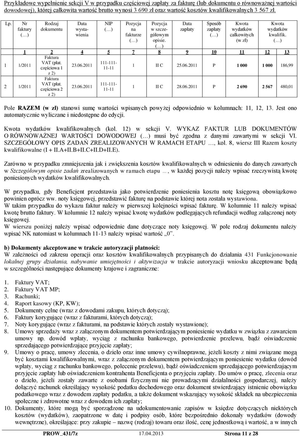 ( ) Data zapłaty Sposób zapłaty ( ) Kwota wydatków całkowitych (w zł) PROW_431/7z 17.04.2013 Strona 11 z 28 Kwota wydatków kwalifik. ( ) 1 2 4 5 7 8 9 10 11 12 13 Faktura 1 1/2011 VAT (płat.