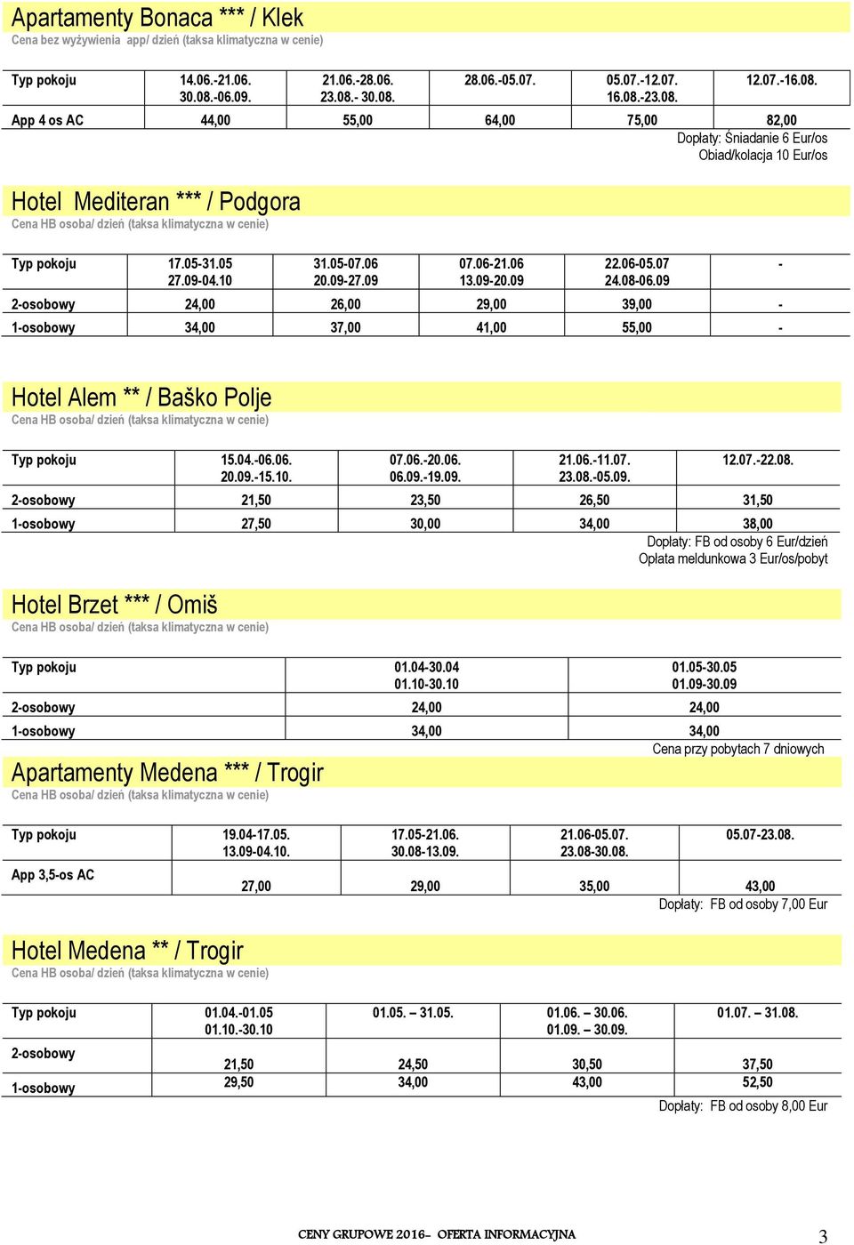 06-21.06 13.09-20.09 22.06-05.07 24.08-06.09 24,00 26,00 29,00 39,00-1-osobowy 34,00 37,00 41,00 55,00 - - Hotel Alem ** / Baško Polje Typ pokoju 15.04.-06.06. 20.09.-15.10. 07.06.-20.06. 06.09.-19.