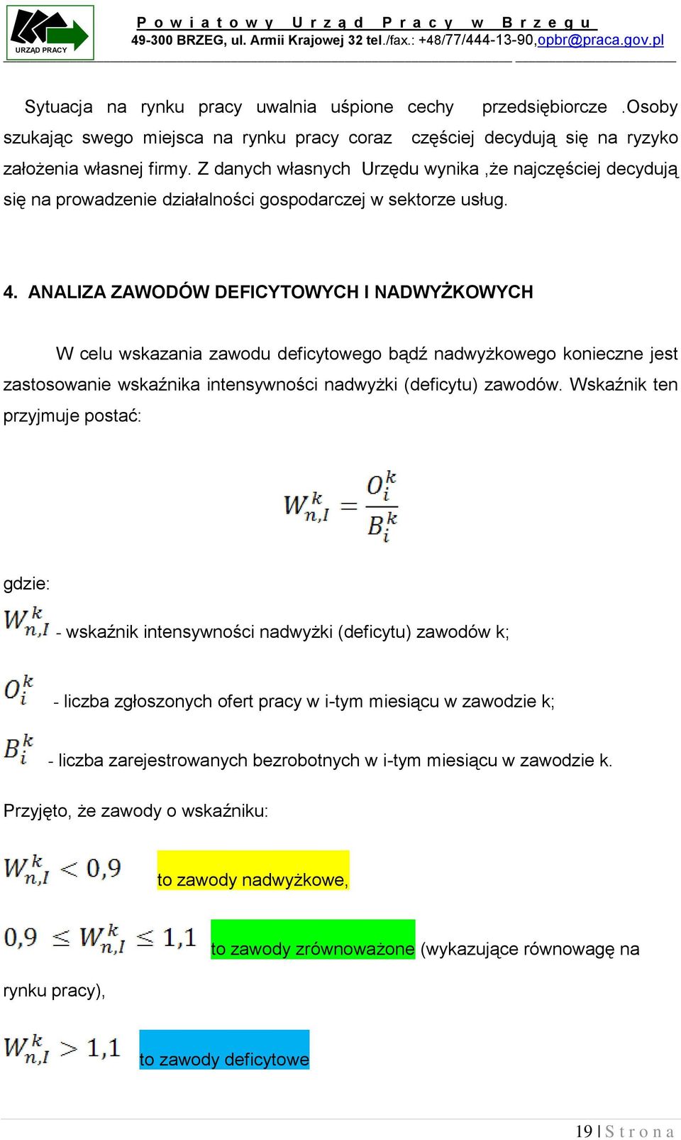 ANALIZA ZAWODÓW DEFICYTOWYCH I NADWYŻKOWYCH W celu wskazania zawodu deficytowego bądź nadwyżkowego konieczne jest zastosowanie wskaźnika intensywności nadwyżki (deficytu) zawodów.