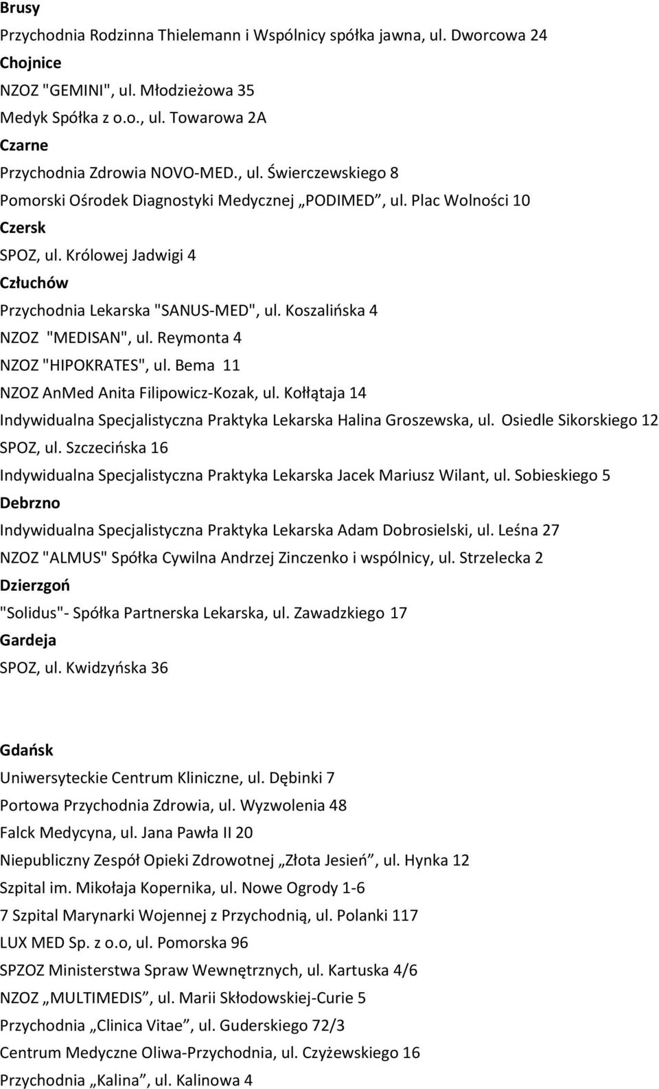 Koszalińska 4 NZOZ "MEDISAN", ul. Reymonta 4 NZOZ "HIPOKRATES", ul. Bema 11 NZOZ AnMed Anita Filipowicz-Kozak, ul. Kołłątaja 14 Indywidualna Specjalistyczna Praktyka Lekarska Halina Groszewska, ul.