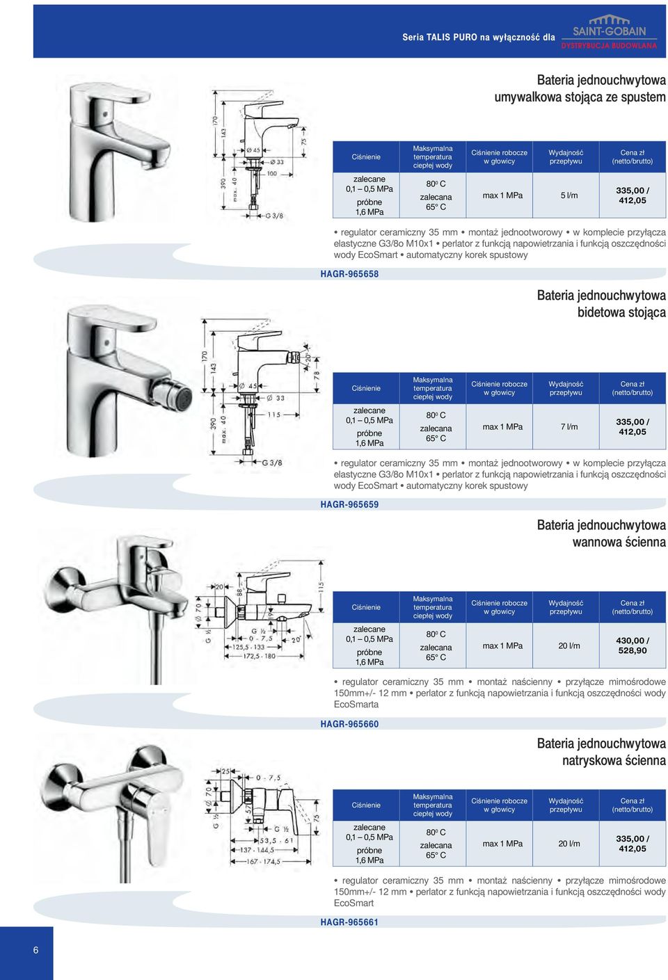 Bateria jednouchwytowa bidetowa stojąca robocze w głowicy zalecane 0,1 0,5 MPa próbne 80 0 C zalecana 65 C max 1 MPa 7 l/m 335,00 / 412,05 regulator ceramiczny 35 mm montaż jednootworowy w komplecie