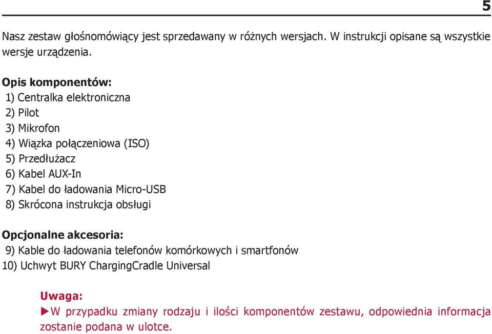 Kabel do ładowania Micro-USB 8) Skrócona instrukcja obsługi Opcjonalne akcesoria: 9) Kable do ładowania telefonów komórkowych i