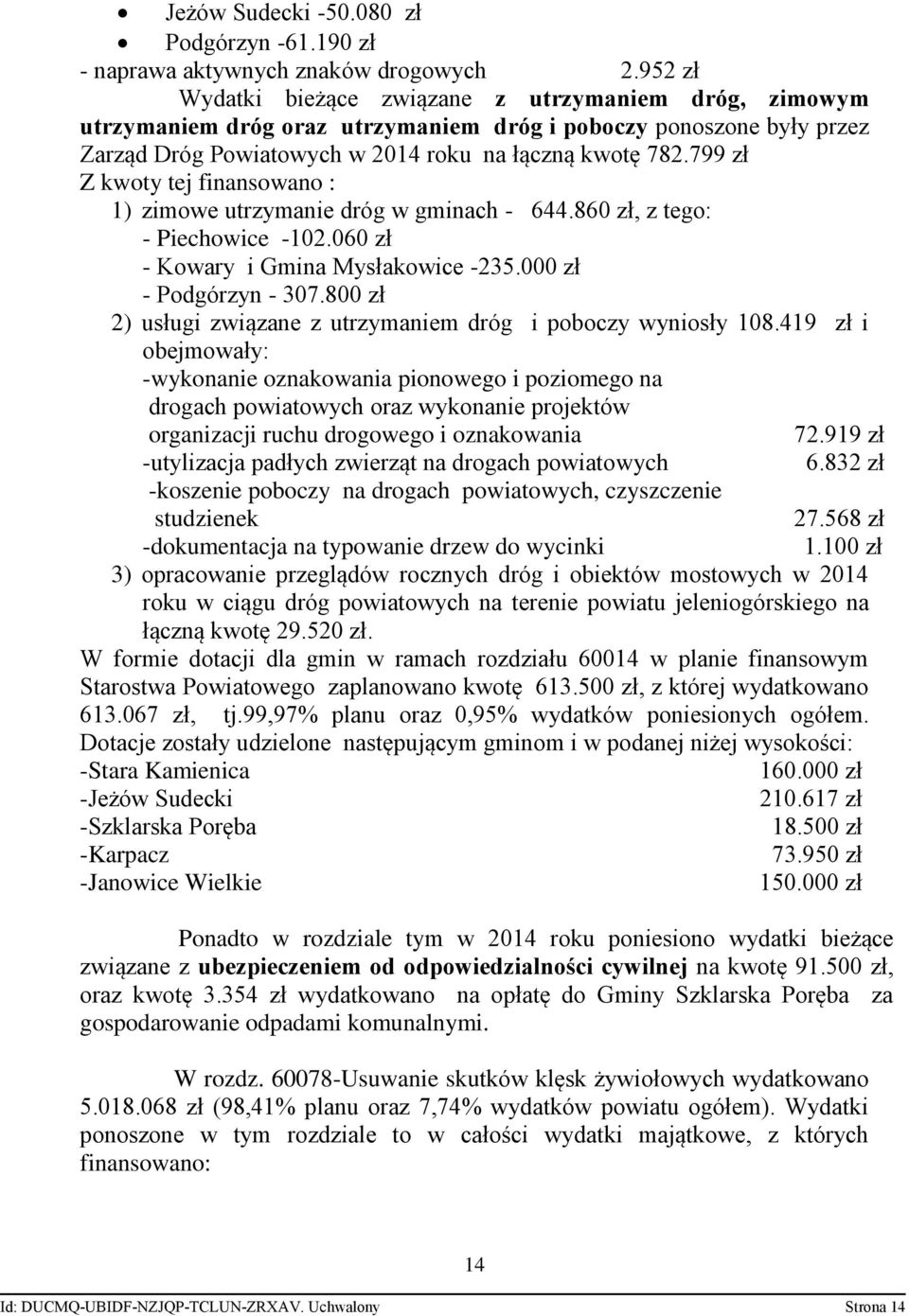 799 zł Z kwoty tej finansowano : 1) zimowe utrzymanie dróg w gminach - 644.860 zł, z tego: - Piechowice -102.060 zł - Kowary i Gmina Mysłakowice -235.000 zł - Podgórzyn - 307.