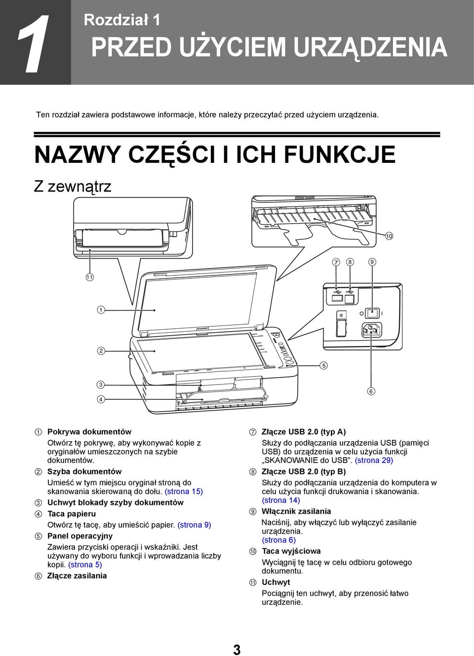 Szyba dokumentów Umieść w tym miejscu oryginał stroną do skanowania skierowaną do dołu. (strona 5) Uchwyt blokady szyby dokumentów Taca papieru Otwórz tę tacę, aby umieścić papier.