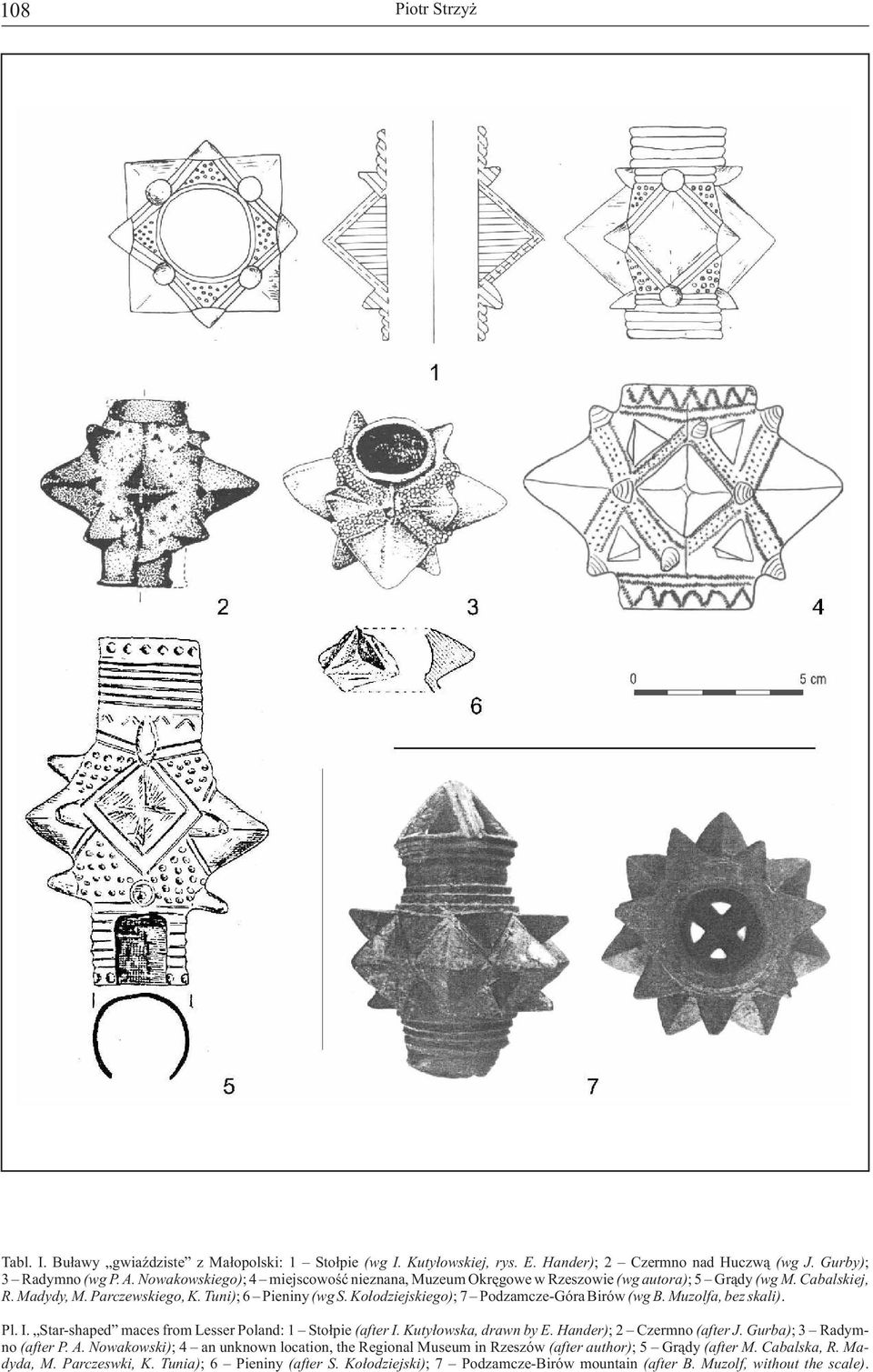 Kołodziejskiego); 7 Podzamcze-Góra Birów (wg B. Muzolfa, bez skali). Pl. I. Star-shaped maces from Lesser Poland: 1 Stołpie (after I. Kutyłowska, drawn by E. Hander); 2 Czermno (after J.