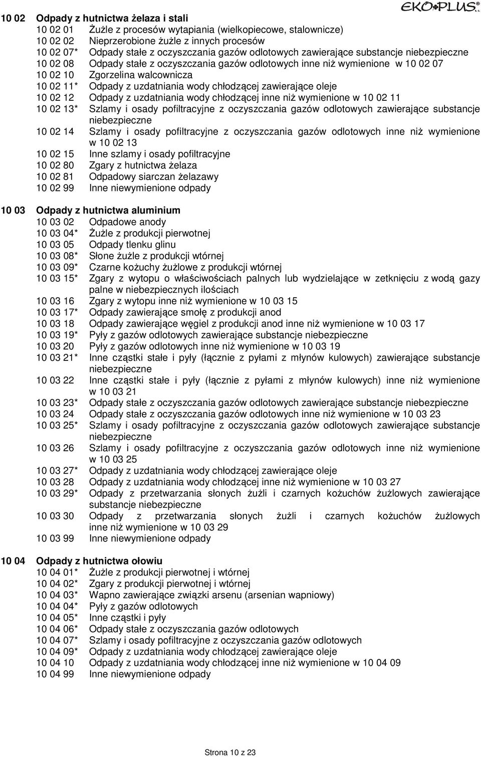 zawierające oleje 10 02 12 Odpady z uzdatniania wody chłodzącej inne niŝ wymienione w 10 02 11 10 02 13* Szlamy i osady pofiltracyjne z oczyszczania gazów odlotowych zawierające substancje 10 02 14