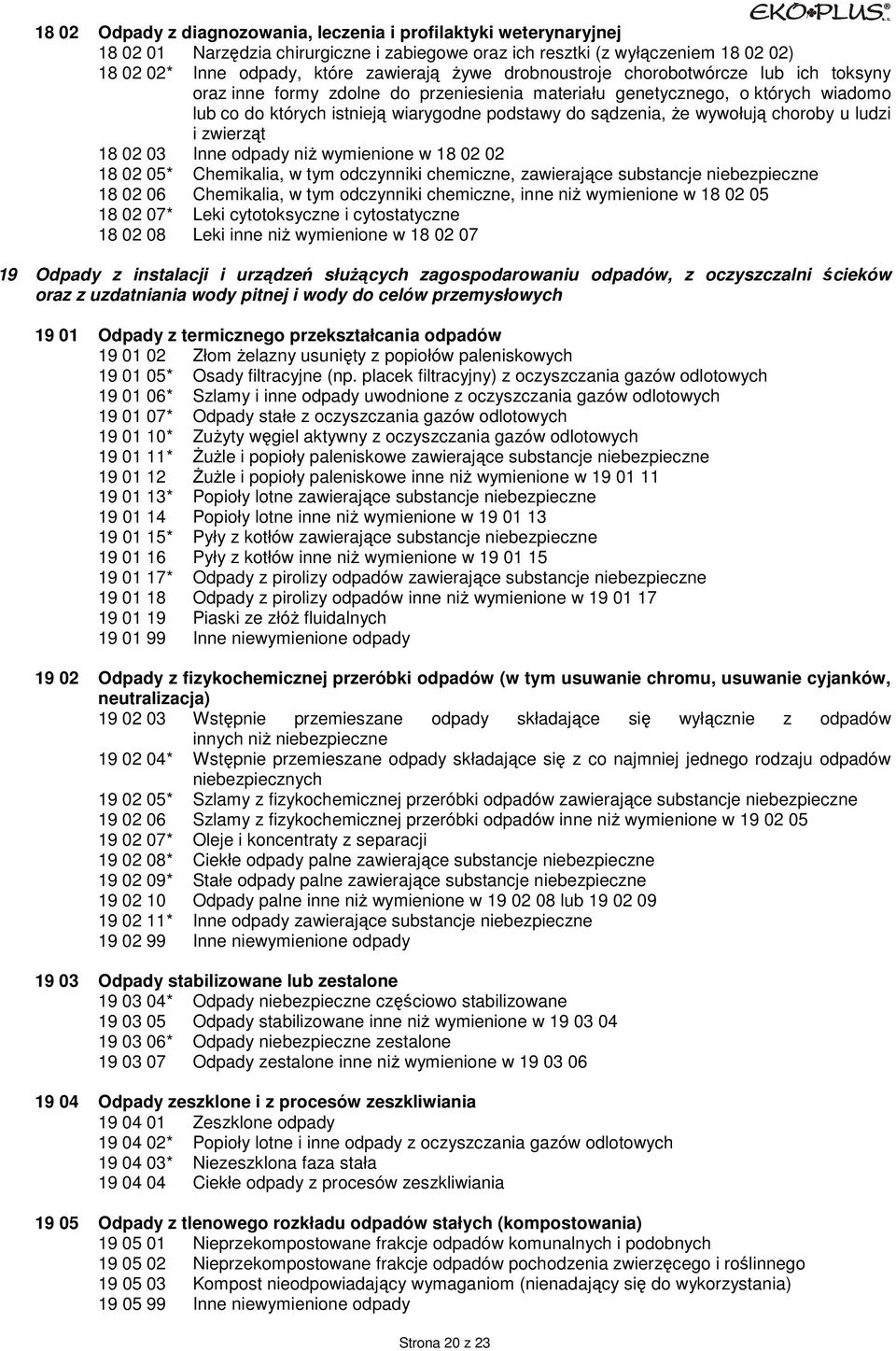 choroby u ludzi i zwierząt 18 02 03 Inne odpady niŝ wymienione w 18 02 02 18 02 05* Chemikalia, w tym odczynniki chemiczne, zawierające substancje 18 02 06 Chemikalia, w tym odczynniki chemiczne,