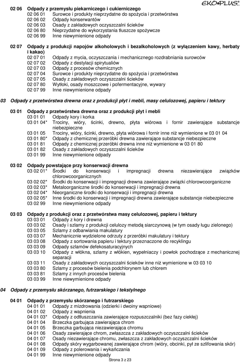 kakao) 02 07 01 Odpady z mycia, oczyszczania i mechanicznego rozdrabniania surowców 02 07 02 Odpady z destylacji spirytualiów 02 07 03 Odpady z procesów chemicznych 02 07 04 Surowce i produkty