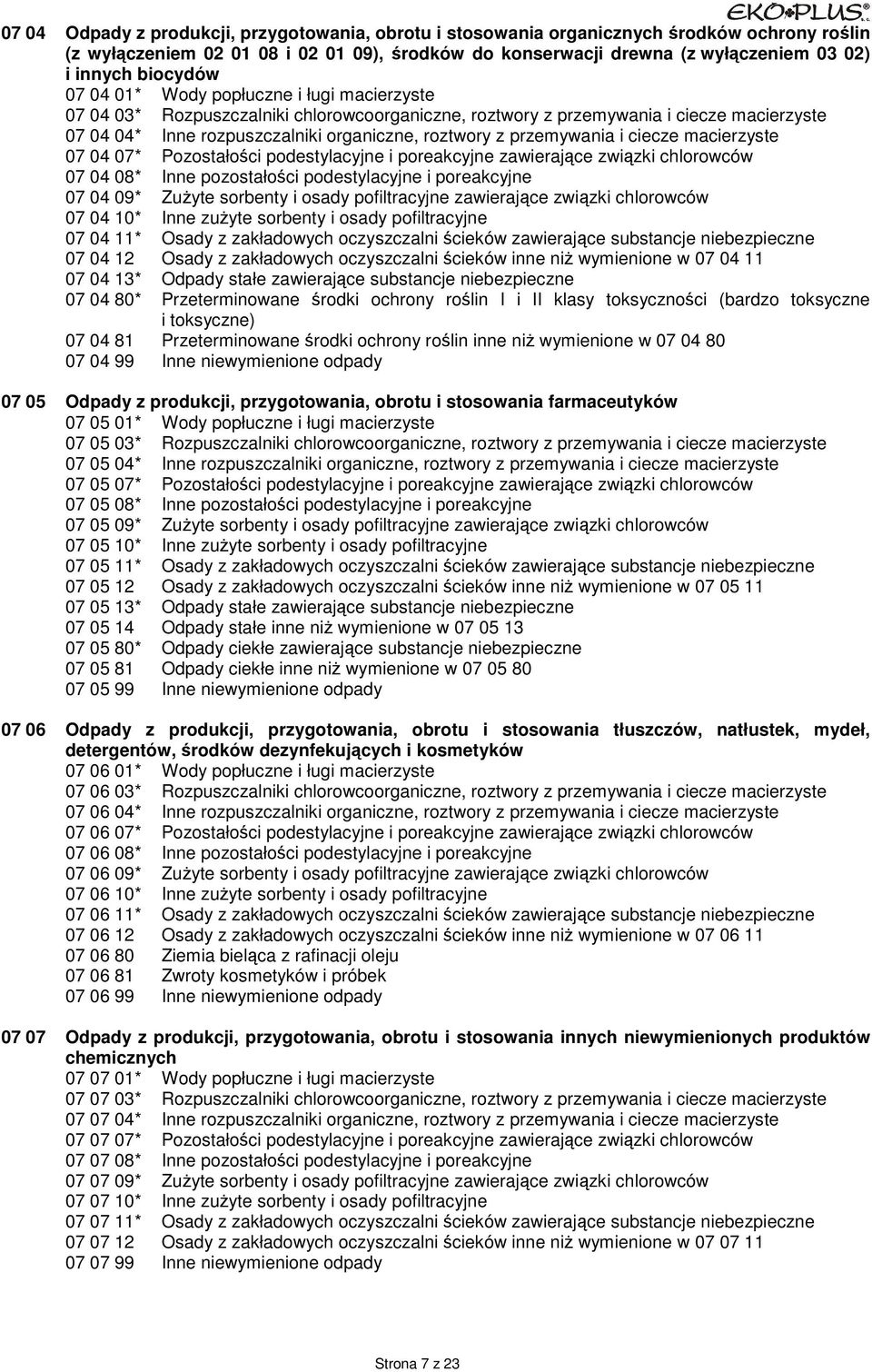 przemywania i ciecze macierzyste 07 04 07* Pozostałości podestylacyjne i poreakcyjne zawierające związki chlorowców 07 04 08* Inne pozostałości podestylacyjne i poreakcyjne 07 04 09* ZuŜyte sorbenty