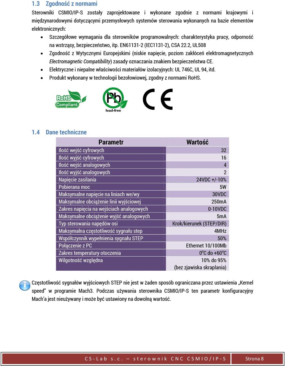 2, UL508 Zgodność z Wytycznymi Europejskimi (niskie napięcie, poziom zakłóceń elektromagnetycznych Electromagnetic Compatibility) zasady oznaczania znakiem bezpieczeństwa CE.