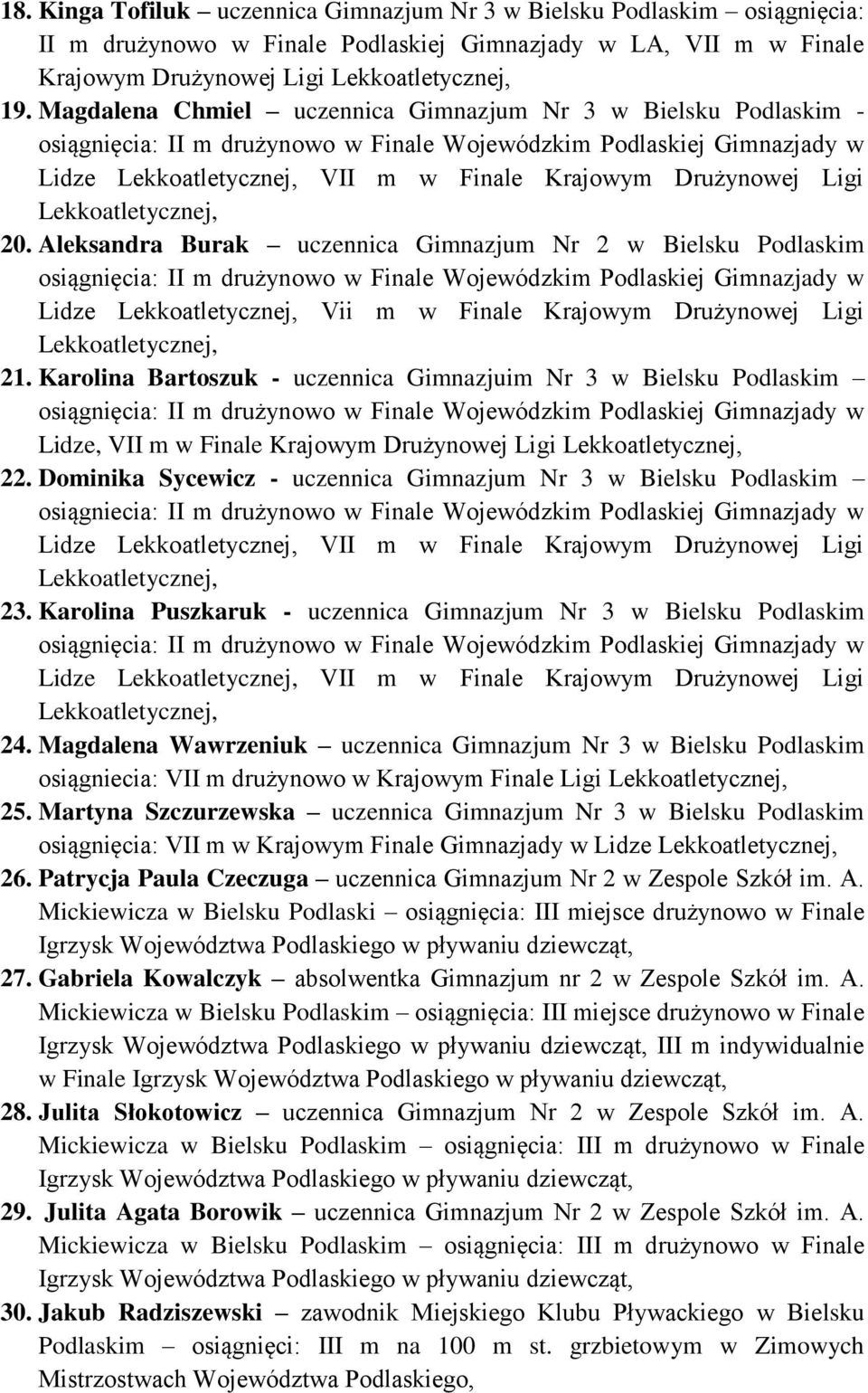 Aleksandra Burak uczennica Gimnazjum Nr 2 w Bielsku Podlaskim osiągnięcia: II m drużynowo w Finale Wojewódzkim Podlaskiej Gimnazjady w Lidze Vii m w Finale Krajowym Drużynowej Ligi 21.