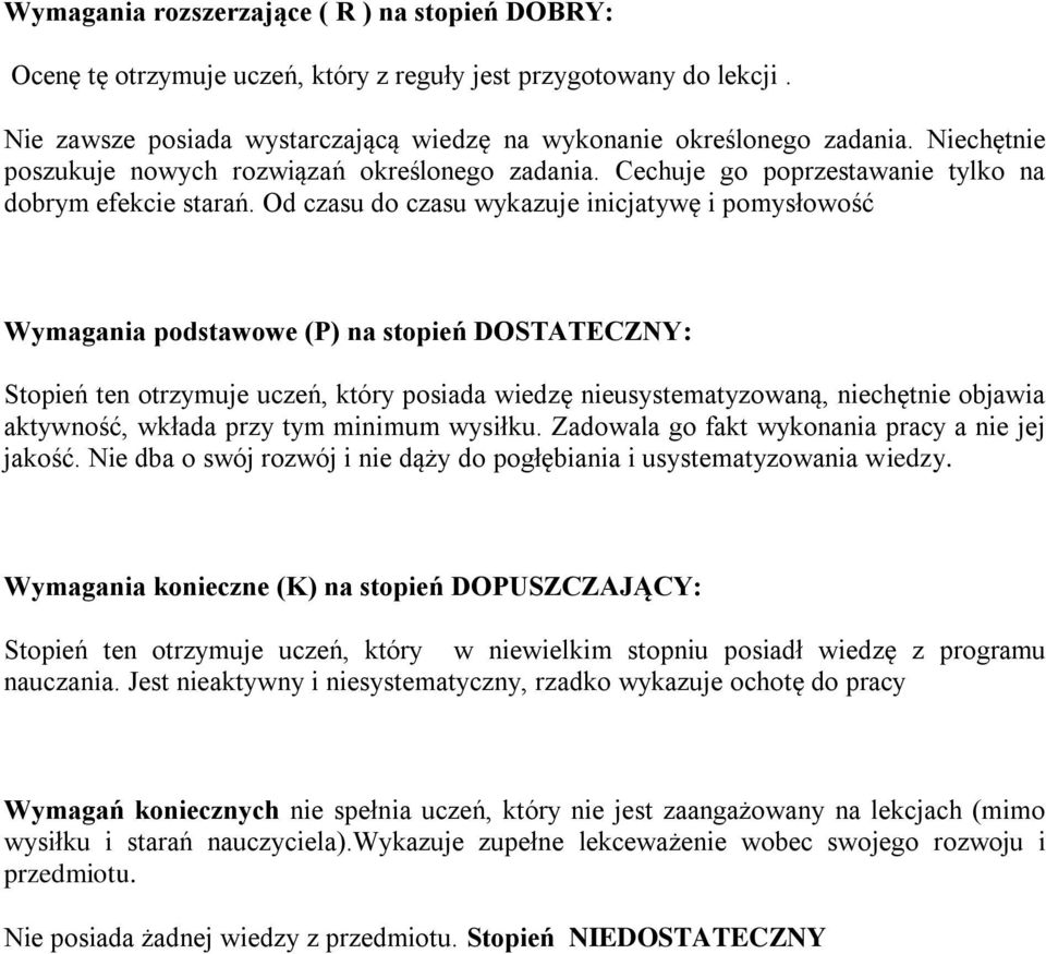 Od czasu d czasu wykazuje inicjatywę i pmysłwść Wymagania pdstawwe (P) na stpień DOSTATECZNY: Stpień ten trzymuje uczeń, który psiada wiedzę nieusystematyzwaną, niechętnie bjawia aktywnść, wkłada