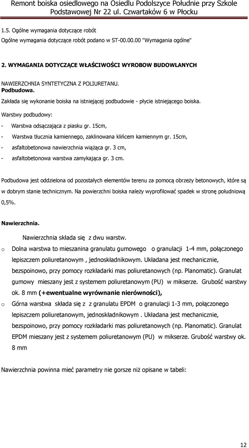 Warstwy podbudowy: - Warstwa odsączająca z piasku gr. 15cm, - Warstwa tłucznia kamiennego, zaklinowana klińcem kamiennym gr. 15cm, - asfaltobetonowa nawierzchnia wiążąca gr.