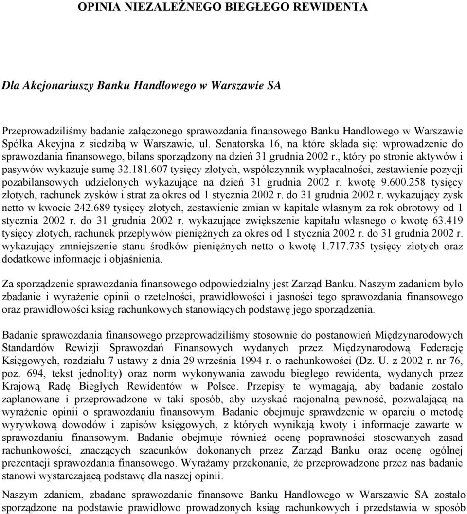 , który po stronie aktywów i pasywów wykazuje sumę 32.181.607 tysięcy złotych, współczynnik wypłacalności, zestawienie pozycji pozabilansowych udzielonych wykazujące na dzień 31 grudnia 2002 r.