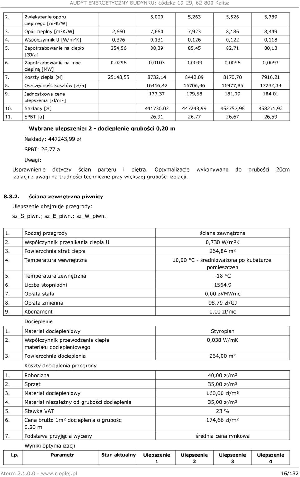 Koszty ciepła [zł] 25148,55 8732,14 8442,09 8170,70 7916,21 8. Oszczędność kosztów [zł/a] 16416,42 16706,46 16977,85 17232,34 9. Jednostkowa cena ulepszenia [zł/m²] 177,37 179,58 181,79 184,01 10.