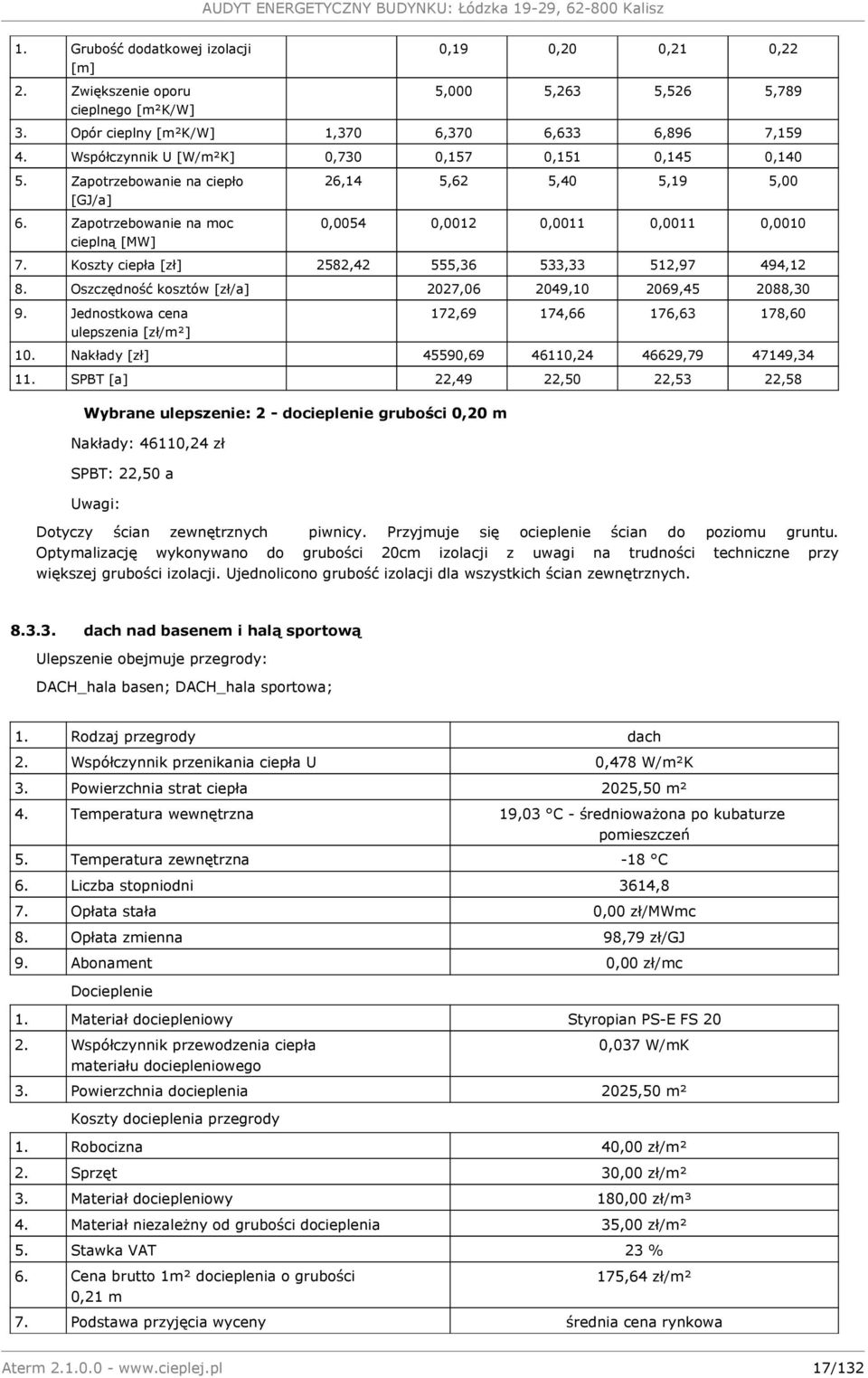 Koszty ciepła [zł] 2582,42 555,36 533,33 512,97 494,12 8. Oszczędność kosztów [zł/a] 2027,06 2049,10 2069,45 2088,30 9. Jednostkowa cena ulepszenia [zł/m²] 172,69 174,66 176,63 178,60 10.