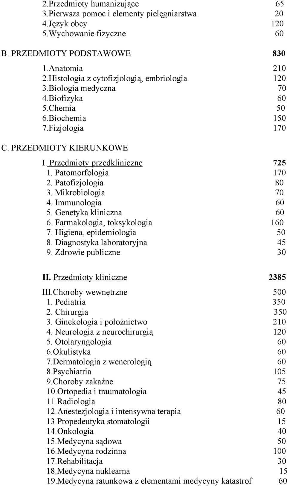 Patomorfologia 170 2. Patofizjologia 80 3. Mikrobiologia 70 4. Immunologia 60 5. Genetyka kliniczna 60 6. Farmakologia, toksykologia 160 7. Higiena, epidemiologia 50 8. Diagnostyka laboratoryjna 45 9.