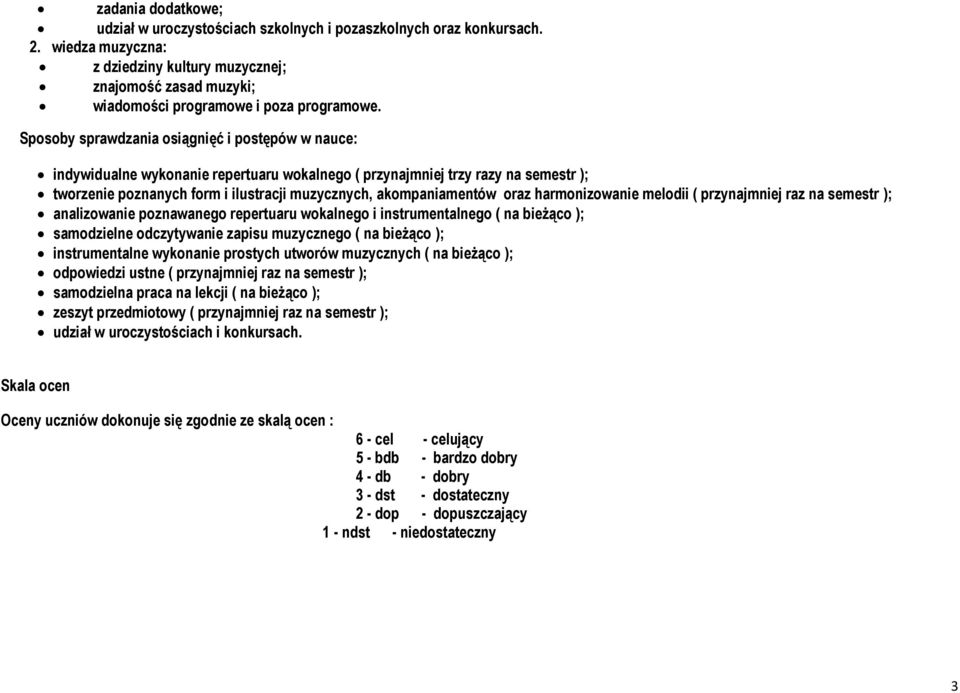 Sposoby sprawdzania osiągnięć i postępów w nauce: indywidualne wykonanie repertuaru wokalnego ( przynajmniej trzy razy na semestr ); tworzenie poznanych form i ilustracji muzycznych, akompaniamentów