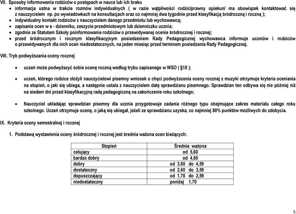 po wywiadówkach na konsultacjach oraz co najmniej dwa tygodnie przed klasyfikacją śródroczną i roczną ); indywidualny kontakt rodziców z nauczycielem danego przedmiotu lub wychowawcą; zapisanie ocen