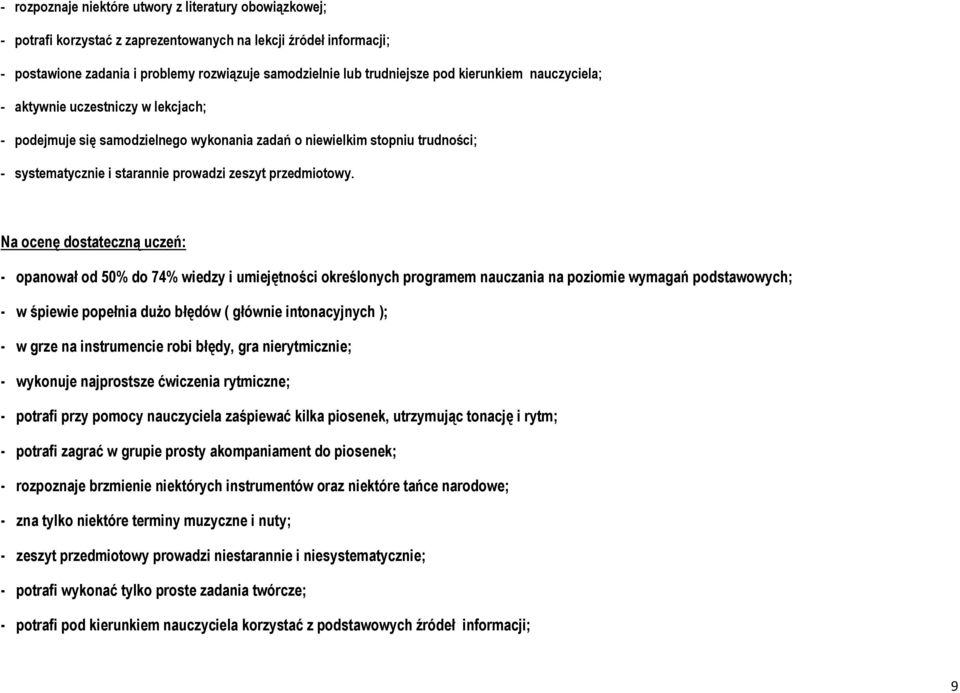 Na ocenę dostateczną uczeń: - opanował od 50% do 74% wiedzy i umiejętności określonych programem nauczania na poziomie wymagań podstawowych; - w śpiewie popełnia dużo błędów ( głównie intonacyjnych