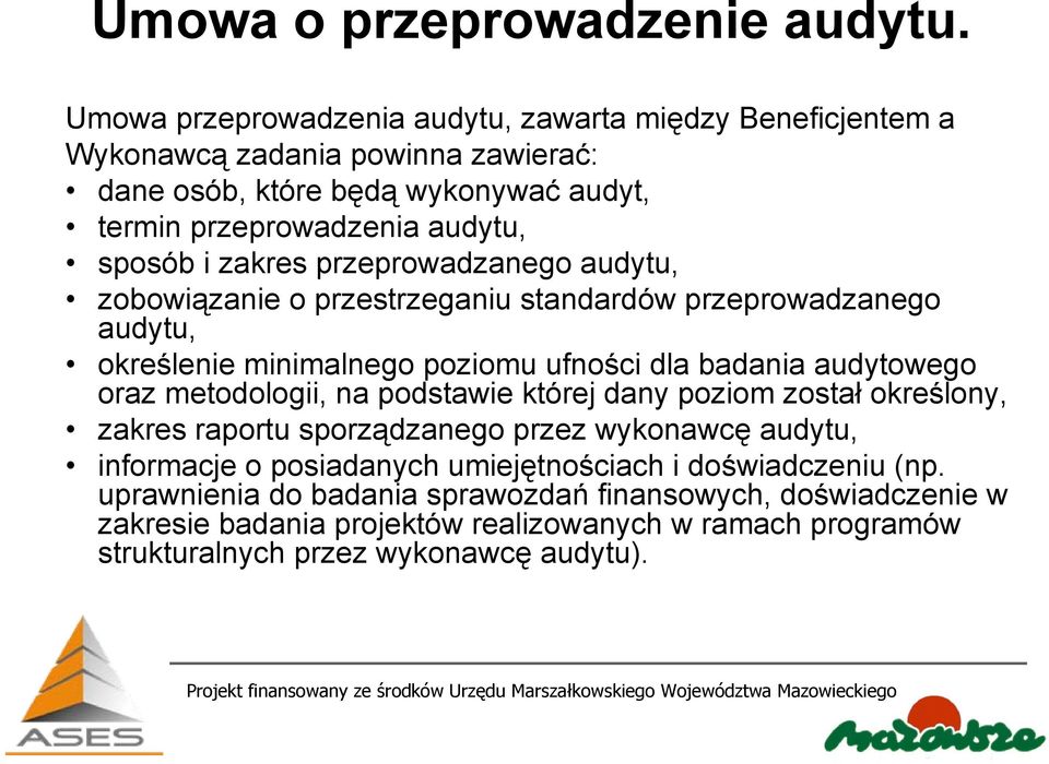 zakres przeprowadzanego audytu, zobowiązanie o przestrzeganiu standardów przeprowadzanego audytu, określenie minimalnego poziomu ufności dla badania audytowego oraz metodologii,