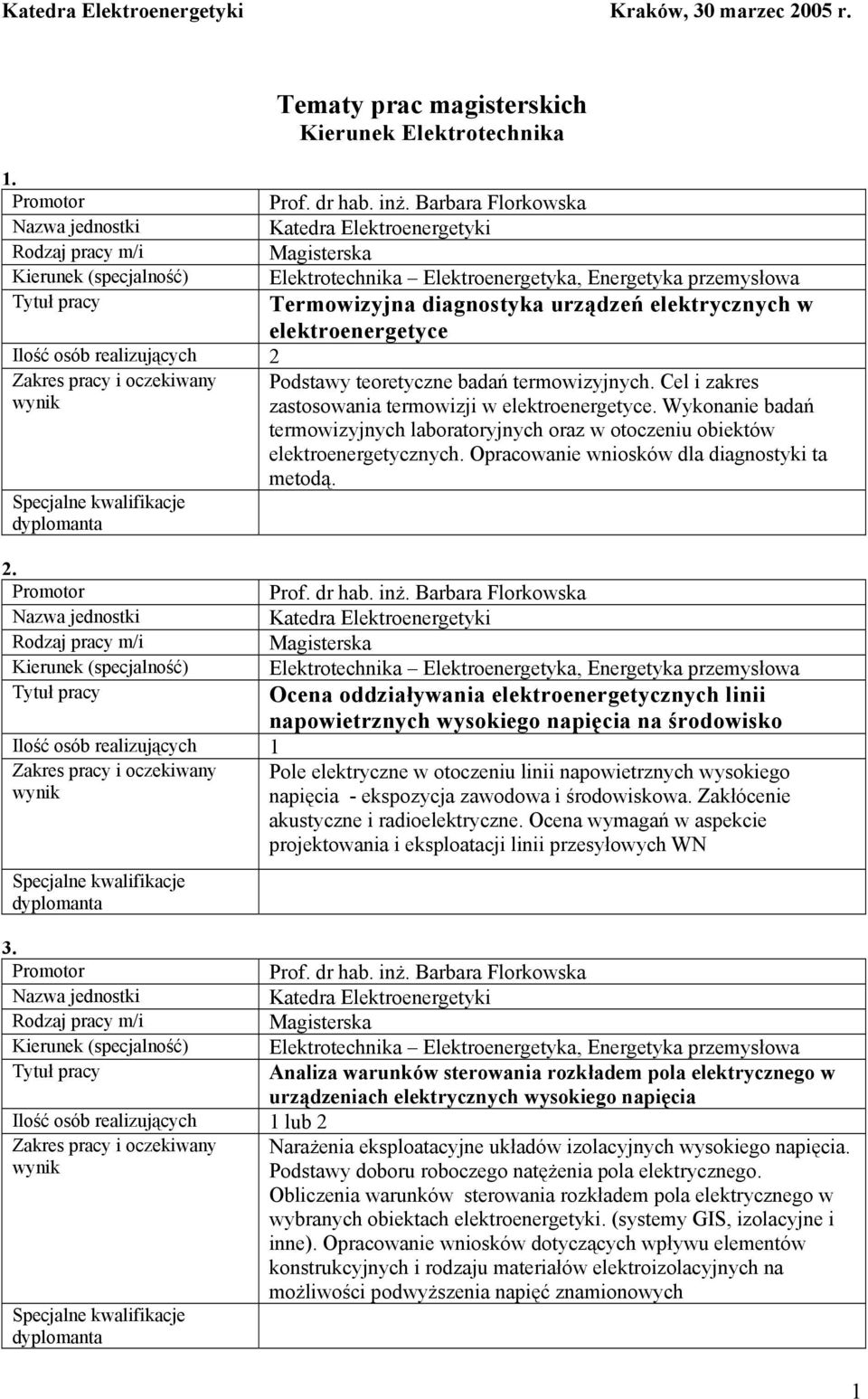 Wykonanie badań termowizyjnych laboratoryjnych oraz w otoczeniu obiektów elektroenergetycznych. Opracowanie wniosków dla diagnostyki ta metodą. 2. Prof. dr hab. inż.