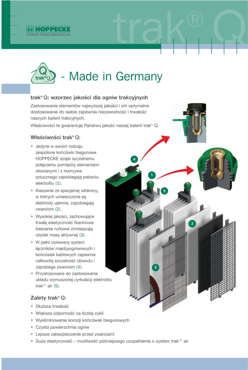 Właściwości trak Q: Jedyne w swoim rodzaju zespolone końcówki biegunowe HOPPECKE dzięki szczelnemu połączeniu pomiędzy elementami ołowianymi i z tworzywa sztucznego zapobiegają pełzaniu elektrolitu