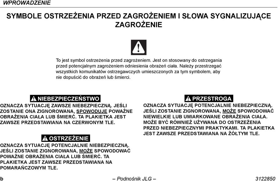 Należy przestrzegać wszystkich komunikatów ostrzegawczych umieszczonych za tym symbolem, aby nie dopuścić do obrażeń lub śmierci. OZNACZA SYTUACJĘ ZAWSZE NIEBEZPIECZNĄ.